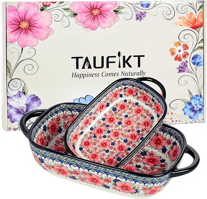 Ceramic Casserole Dishes for Oven, Hand-painted Polish Pottery Baking Dish Set of 2, 0.8QT / 2QT Porcelain Casserole Dishes with Handles, Baking Pan Lasagna Pan, Gift for Family/Friend (Red)
