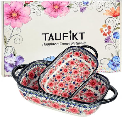Ceramic Casserole Dishes for Oven, Hand-painted Polish Pottery Baking Dish Set of 2, 0.8QT / 2QT Porcelain Casserole Dishes with Handles, Baking Pan Lasagna Pan, Gift for Family/Friend (Red)