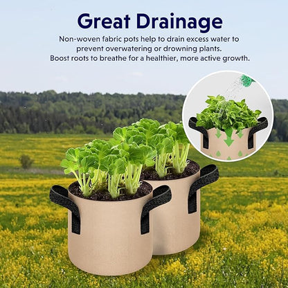 iPower 5 Pack 2 Gallon Grow Bags Heavy Duty 300G Thickened Nonwoven Fabric Plant Pots with 5 Labels & Handles for Outdoor Garden, Aeration Planter Bags for Fruits, Vegetables, Tomato & Flowers, Tan