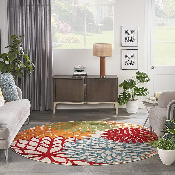 Nourison Home Aloha Indoor/Outdoor Green 7'10'' x Round Area-Rug, Tropical, Botanical, Easy Clean, Non Shedding, Bed Room, Living Room, Dining Room, Deck, Backyard, Patio (8 Round)