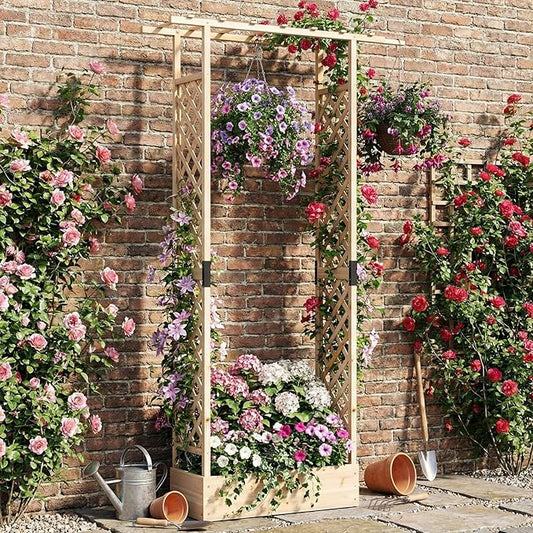 S AFSTAR Raised Garden Bed with Trellis, 2 Pieces Fir Wood Planter Box with Flat Roof & Drainage Holes, Vertical Planter Raised Bed for Climbing Plants, Flowers & Vegetables, 43" x 14" x 89" (Natural)