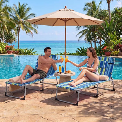Giantex Tanning Chair, 330Lbs Patio Lounge Chair with 5 Adjustable Position, Face & Arm Hole, Hand/Shoulder Strap, Removable Pillow, Side Pocket, Chaise Lounger for Beach Sunbathing Outdoor, Stripe