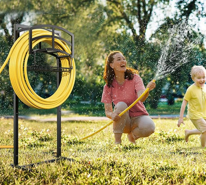 Fire Beauty Heavy-Duty Portable Garden Hose Holder with Storage Basket,120+ lbs Capacity, Holds 180ft 1/2" Hose,Dual Support Rods & Rustproof Screws,Modern Geometric Design