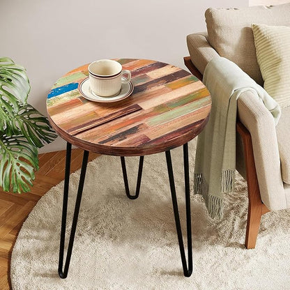 Multi Color Side Table 17.5" x 17.5" x 20" H Accent Reclaimed Wood Coffee Tables Vintage Round Rustic Plant Stand Outdoor Patio End Tables Living Room Bedroom