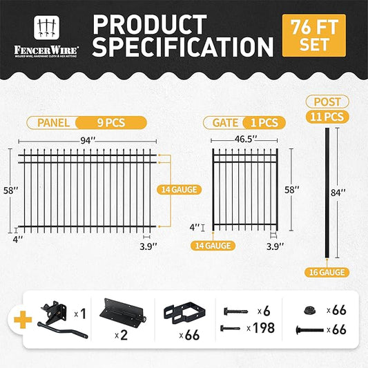 Fencer Wire 76FT Heavy Duty Pinnacle Fence Barrier Kit, Anti-Rust Metal Steel Fence with 5FT Height X 8FT Width Panels, Gate, Posts, Connectors, 2” Diameter Outdoor Fencing for Yard, Pool, Patio