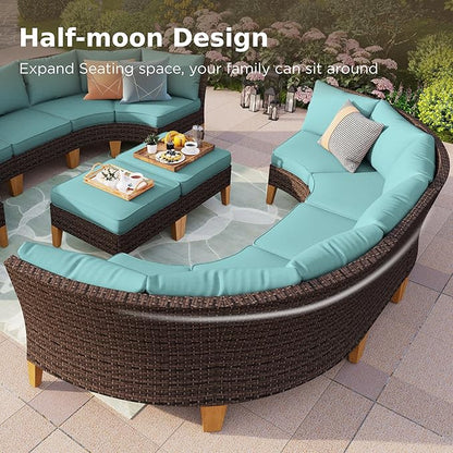 PHI VILLA 8-Piece Half-Moon Patio Furniture Set, Outdoor Wicker Sectional Sofa with Thick Aqua Blue Cushions, 2 Ottomans, Large Curved Conversation Seating for Garden or Backyard