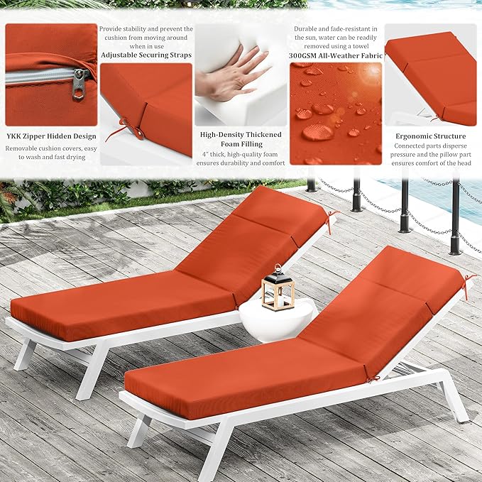 Chaise Lounge Cushion for Outdoor Furniture, Waterproof Fade and Tear Resistant Lounge Deck Chair Cushions for Patio Lawn Pool Resort Hotel