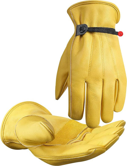 DULFINE Cowhide Leather Work Gloves for Men & Women, Reinforced Durable Gardening Gloves, Puncture & Cut Resistant