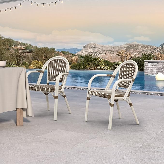 PURPLE LEAF French Bistro Chairs Set of 2 Patio Dining Chairs Hand-Woven Aluminum Wicker Rattan Armchairs for Kitchen Porch Garden White Print Finish Brown