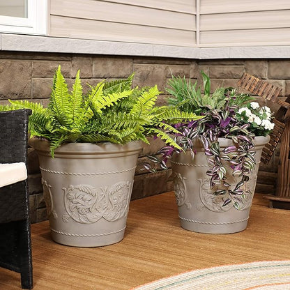 Sunnydaze 19.5-Inch Arabella Large Plastic Pot for Plants - Outdoor Double-Walled Polyresin Large Plastic Planter with Drillable Drainage Holes - Beige - 2-Pack