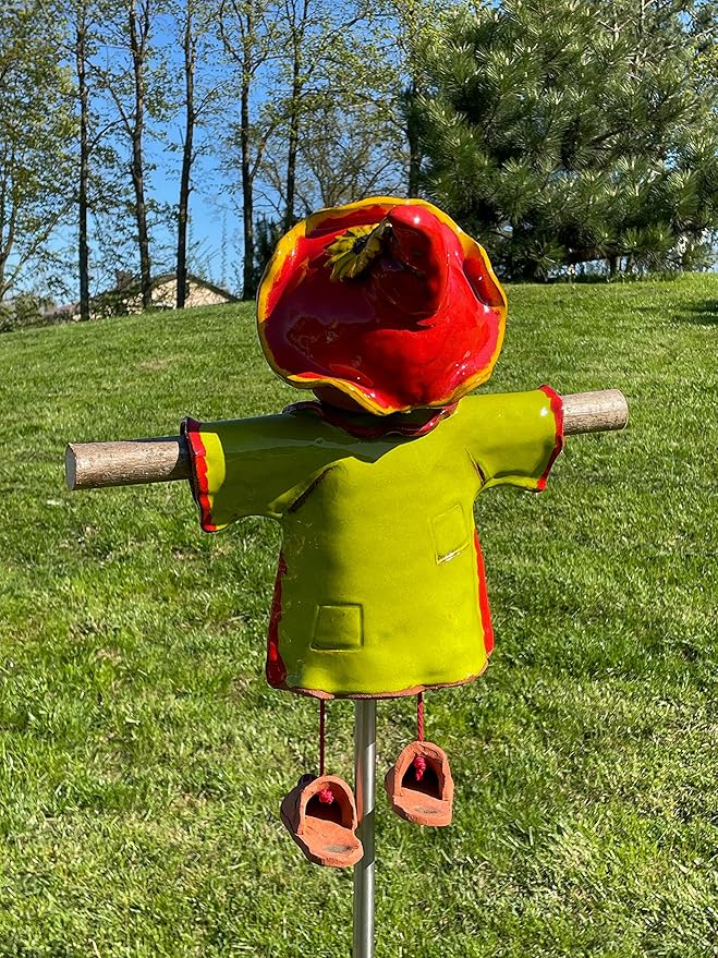 Ceramic Garden Decor - Scarecrow Lawn stake - Outdoor statue - Perfect, unique gifts for gardeners woman, men, yard gifts - Handmade, Frostproof