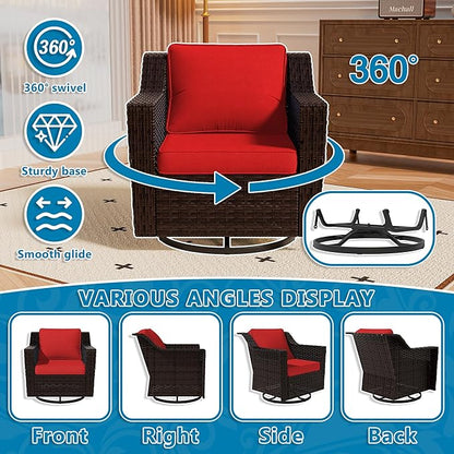 Vista Vibe 5 Pieces Outdoor Rattan Patio Conversation Furniture Set - 78" 3-Seat Sofa | 2 Swivel Glider Rocker Chairs | Wicker End Table | Metal Table, Upholstered Loveseat, Deck (Brown/Red)