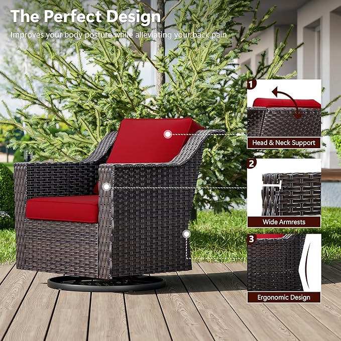Wicker Patio Swivel Chairs, Outdoor Rocking Chair with Wide Armrest, Thickened Cushions, Patio Rattan Furniture for Deck, Porch Use