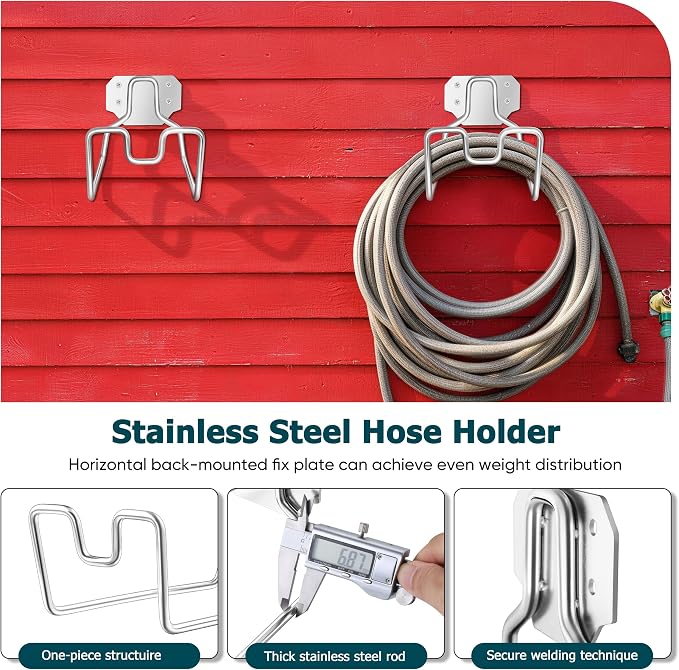 HaSteeL 18/0 Stainless Steel Garden Hose Holder Hook, Metal Wall Mount Hanger for Outside Yard Water Vacuum Expandable Hose Extension Cords Storage, Rust Resistant, Hose Nozzle Groove (2 Pack)