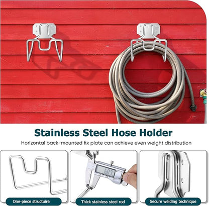 HaSteeL 18/0 Stainless Steel Garden Hose Holder Hook, Metal Wall Mount Hanger for Outside Yard Water Vacuum Expandable Hose Extension Cords Storage, Rust Resistant, Hose Nozzle Groove (2 Pack)