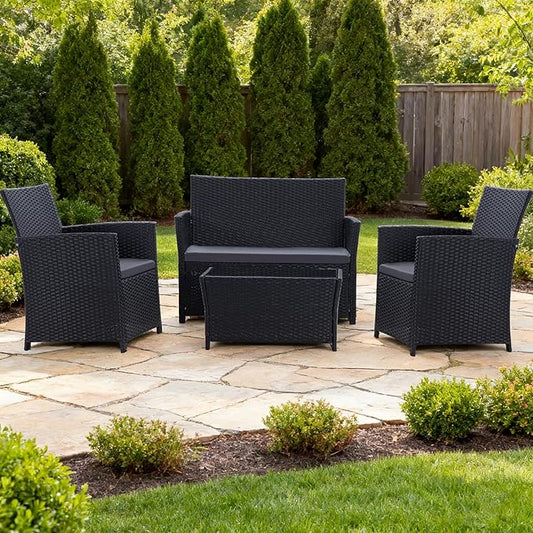 4 Piece Patio Furniture Set, Outdoor Wicker Conversation Set, Rattan Sectional Sofa Couch with Glass Coffee Table & Thick Cushion for Backyard, Porch, Garden, Poolside, Black/Grey