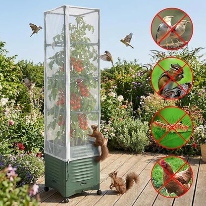 4 Pcs Garden Bird Netting Plant Cover for Square Tomato Cage, 59" x 17.7" Insect Bird Barrier Tomato Cage Net with Zipper & Drawstring, Tomato Trellis Netting Protection Cover for Protecting Plants