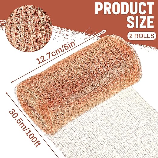 Gisafai 5" x 200 ft Copper Mesh Rodent Control Copper Wool for Slugs Rustproof DIY Hole Filler Pure Wire Mesh for Bat Snail Bird Pest Rodent Control Gap Blocker Fill Fabric Hole Gardening (2 Roll)