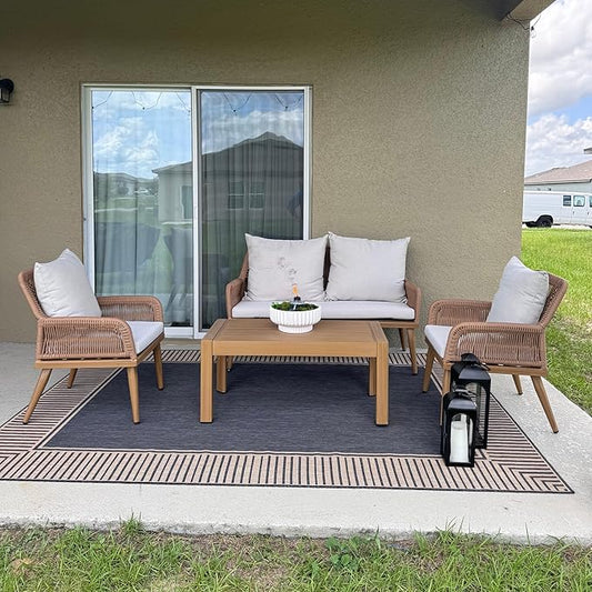 PURPLE LEAF 4-Piece Patio Conversation Set – Wicker Outdoor Furniture with Aluminum Table, 3 Rattan Chairs for 4 People, Thick Sofa Cushions, Ideal for Garden, Backyard, Lawn, or Poolside, Teak