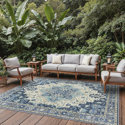 GENIMO Outdoor & Indoor Area Rug 8'x10', Waterproof, Non-Shedding, Easy Cleaning, Boho Mat for Patio, Living Room, Balcony, Dining Room, RV, Deck, Bedroom, Camping, Outside Carpet,Center Blue