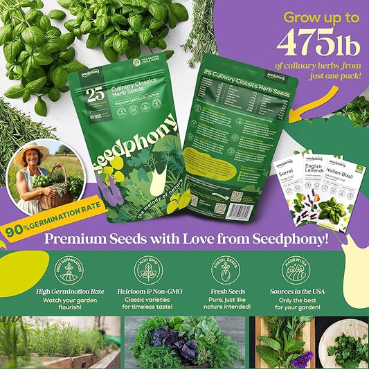 25 Culinary Herb Seeds Variety Pack - 13,055+ Non-GMO Heirloom Herbs Seeds for Planting Indoor & Outdoor: Rosemary, Basil, Catnip, Cilantro, Dill, Parsley, Oregano, Thyme, Mint, Tarragon, Lavender