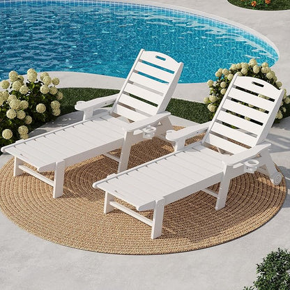 PeakPursuit Patio HDPE Chaise Lounge with Rolling Wheels, Oversize 5-Position Lounge Chair with Cup Holder, Resin Pool Lounger Chair for Outside