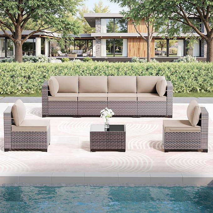 7 Pieces Outdoor Patio Furniture Set with Coffee Table, PE Wicker Rattan Outdoor Sectional Patio Set with Thick Cushion, Outdoor Patio Conversation Set for Backyard, Garden, Deck, Sand