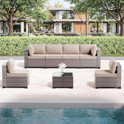 7 Pieces Outdoor Patio Furniture Set with Coffee Table, PE Wicker Rattan Outdoor Sectional Patio Set with Thick Cushion, Outdoor Patio Conversation Set for Backyard, Garden, Deck, Sand