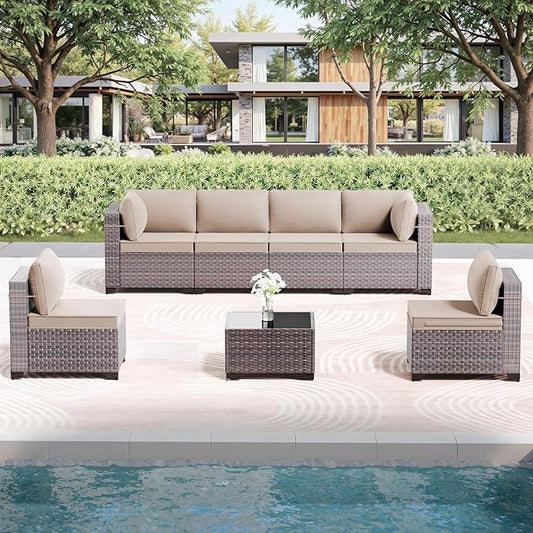7 Pieces Outdoor Patio Furniture Set with Coffee Table, PE Wicker Rattan Outdoor Sectional Patio Set with Thick Cushion, Outdoor Patio Conversation Set for Backyard, Garden, Deck, Sand