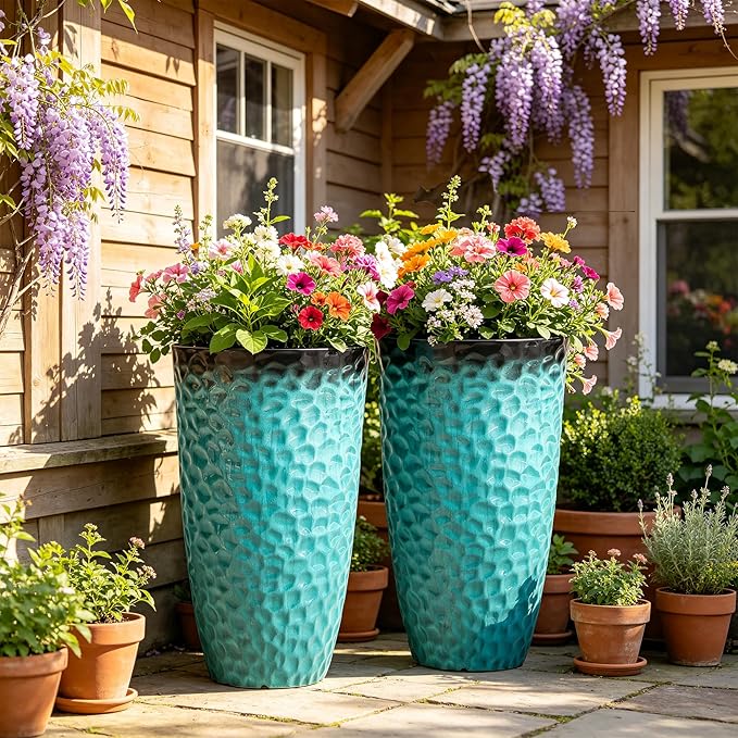 23.75" H Large Tall Outdoor Planters, Set of 2 Plastic Large Flower Pots for Outdoor Plants, with Turquoise Teal Honeycomb Texture, Weather-Resistant for Porch, Garden, Patio or Indoor Use