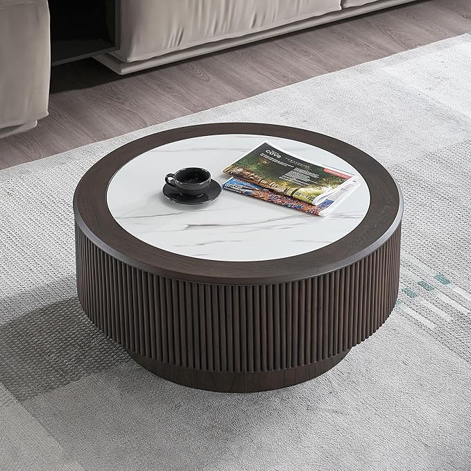 kevinplus ø35.43'' Round Faux Marble Coffee Table for Living Room, Modern Drum Circle Embossment Fluted Pedestal Wooden Coffee Table, No Assembly, Dark Brown