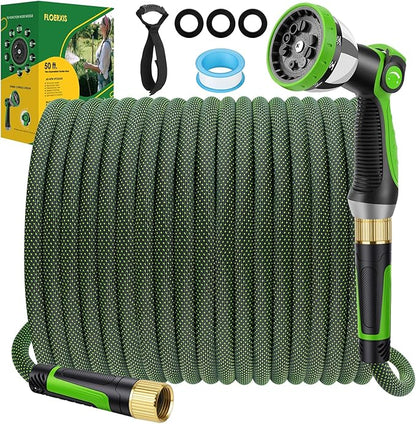 Non-Expandable Garden Hose 50 FT, Lightweight Hose with 10 Function Spray Nozzle, Kink-Free Flexible Water Hose, Durable, Leak-Proof, 360° Swivel Connectors, Portable Storage Strap