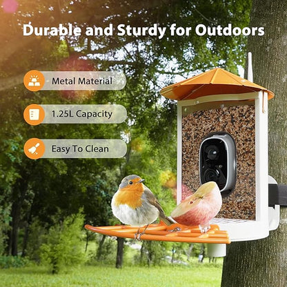 Birdkiss Smart Bird Feeder with Camera Solar, Auto Capture Bird Videos & Motion Detection, Birds Watching Camera Notify in Time, Metal Birds Feeder with Seed Guard, Ideal Present for Mom (Orange)