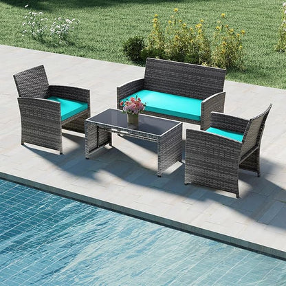 Tangkula 4 Piece Patio Wicker Furniture Set, Outdoor Heavy Duty Rattan Cushioned Chairs, Loveseat and Tempered Glass Coffee Table, for Backyard, Balcony, Poolside