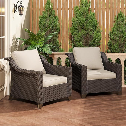 Patio 2 Pieces Wicker Chairs Set of 2，Outdoor PE Rattan Armchairs, Water-Resistant Cushions with Removable and Washable Covers, Porch, Balcony, Sunroom (Beige)