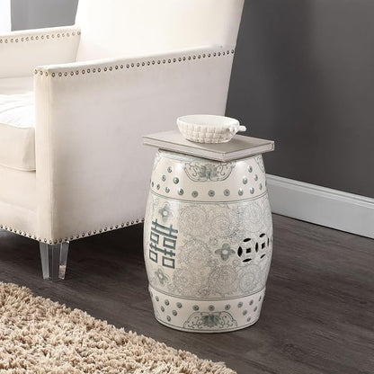 JONATHAN Y Double Happiness 18" Ceramic Garden Stool, Traditional Chinoiserie Dusty Teal and White Indoor/Outdoor Patio Drum Accent Side Table and Plant Stand TBL1013C