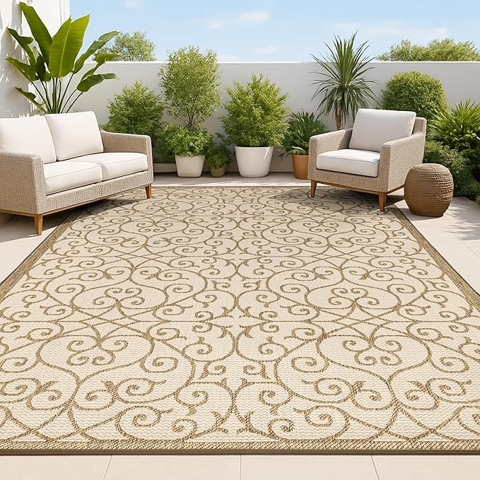 JONATHAN Y Vintage Filigree Indoor Outdoor Area Rug 4X6 Beige/Brown, Madrid Textured Weave for Backyard, Patio, Porch, Easy-Cleaning, High Traffic, Pet-Friendly, Non-Shedding (SMB107B-4)