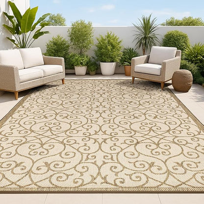 JONATHAN Y Vintage Filigree Indoor Outdoor Area Rug 4X6 Beige/Brown, Madrid Textured Weave for Backyard, Patio, Porch, Easy-Cleaning, High Traffic, Pet-Friendly, Non-Shedding (SMB107B-4)