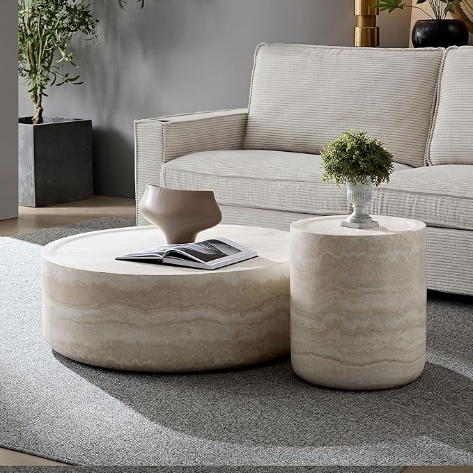 kevinplus Round Side Table Faux Stone End Table for Living Room, Modern Contemporary Style, Fiberglass Material, No Assembly (Mars Texture, ø15.74'' x 17.7'')