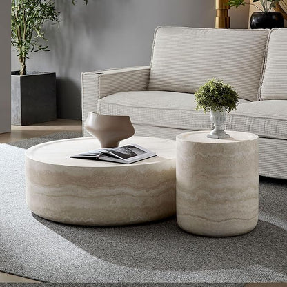 kevinplus Round Side Table Faux Stone End Table for Living Room, Modern Contemporary Style, Fiberglass Material, No Assembly (Mars Texture, ø15.74'' x 17.7'')