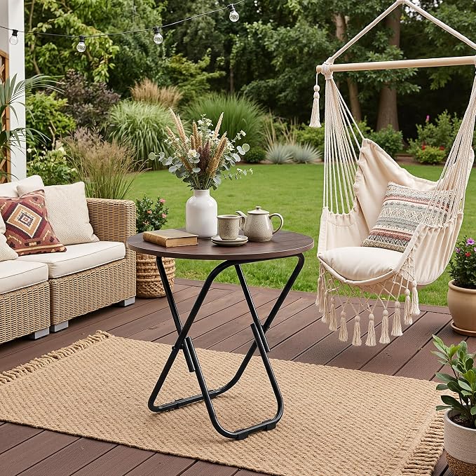 VECELO 17.7" Small Folding Table, Round Patio Outdoor Side Snack Table, Waterproof Wood End Table with Anti-Rust Metal Legs for Living Room Bedroom Garden Yard Balcony Porch
