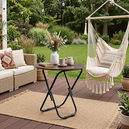 VECELO 17.7" Small Folding Table, Round Patio Outdoor Side Snack Table, Waterproof Wood End Table with Anti-Rust Metal Legs for Living Room Bedroom Garden Yard Balcony Porch
