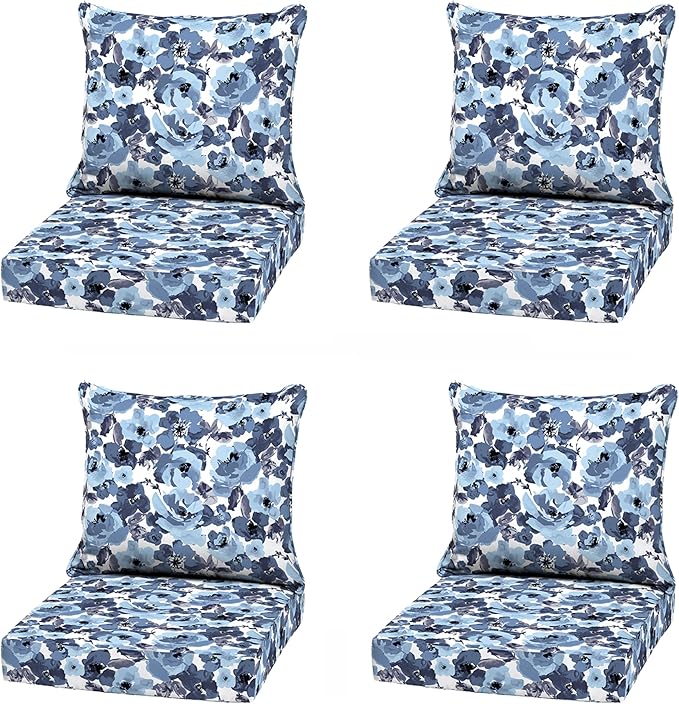 Arden Outdoor Deep Seat Cushion Set (4-Pack), 22 in x 24 in, Weather-Proof, Rain-Proof, Fade Resistant Patio Cushion for Chair, Sofa, and Couch Blue Garden Floral
