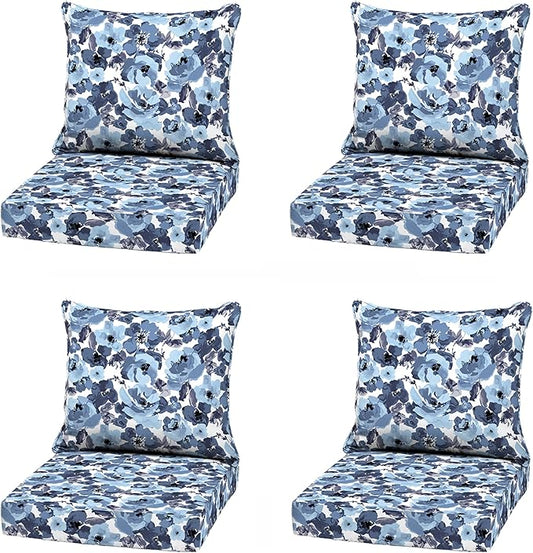 Arden Outdoor Deep Seat Cushion Set (4-Pack), 22 in x 24 in, Weather-Proof, Rain-Proof, Fade Resistant Patio Cushion for Chair, Sofa, and Couch Blue Garden Floral