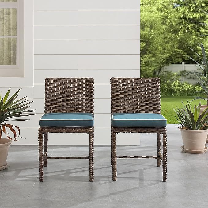 Crosley Furniture Bradenton 2-Piece Outdoor Chair Set, Wicker Dining Patio Chairs for Deck, Backyard, Weathered Brown with Navy Cushions