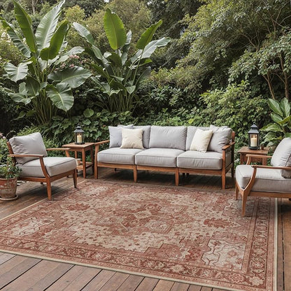 GENIMO Outdoor & Indoor Area Rug 9'x12', Waterproof, Non-Shedding, Easy Cleaning, Boho Mat for Patio, Living Room, Balcony, Dining Room, RV, Deck, Bedroom, Camping, Outside Carpet,Brown Red