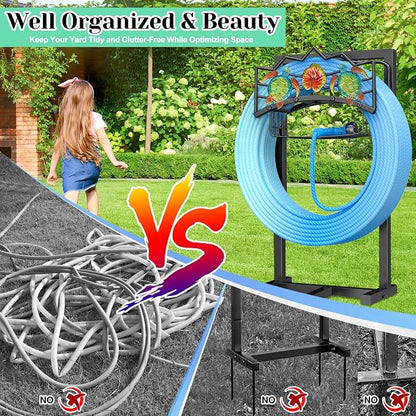Garden Water Hose Holder with 5 Spikes, Upgraded Freestanding Heavy Duty Hose Hanger Holds 150-feet Hose, Sturdy Hose Stand Storage Rack for Outside Yard Lawn (Black - Turtle)