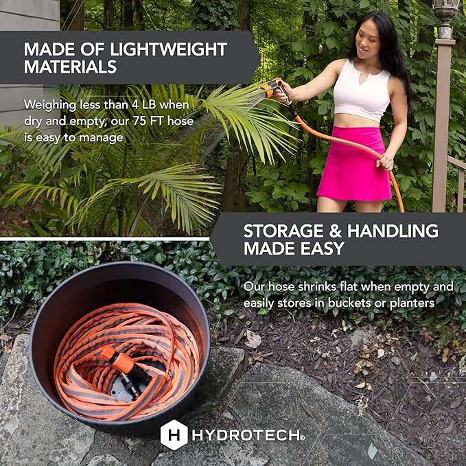 HydroTech FLATJACKET 5/8" 75 ft Flexible Garden Hose with Patented Force Control Technology - Kink-Free, Lightweight Design for Lawn Care, Gardening, Car Washing, and Outdoor Cleaning