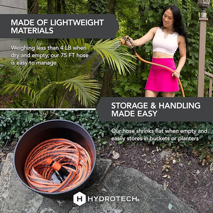 HydroTech FLATJACKET 5/8" 75 ft Flexible Garden Hose with Patented Force Control Technology - Kink-Free, Lightweight Design for Lawn Care, Gardening, Car Washing, and Outdoor Cleaning