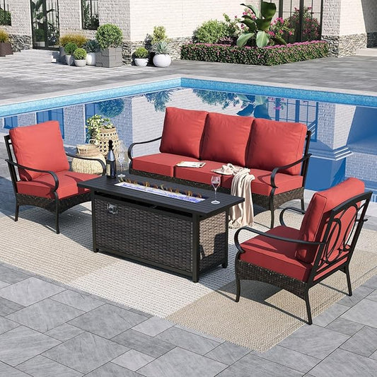Sophia & William Patio Furniture Set with Fire Pit Table, 4 PCS Metal Outdoor Conversation Set with Fire Pit Table, 2 Sofa Chairs,3-Seater Couch for Outdoor Seating, Backyard, Porch(Red)